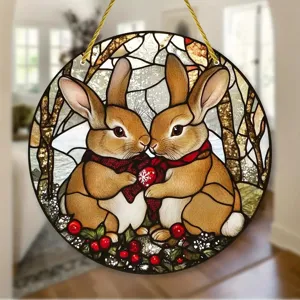 Exquisite stained glass style acrylic rabbit hanging decor detail shot, perfect for indoor walls.