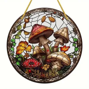 Stained glass style mushroom wall hanging acrylic window decor, detailed autumn leaf detail shot.