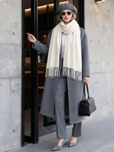 Gros plan détaillé du douce écharpe à franges effet cachemire d'hiver au style uni classique.