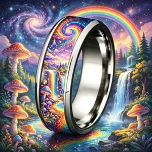 Anello in acciaio inossidabile colorato stampato con design di paesaggio fantastico di galassia.