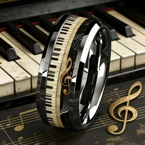 Primo piano di un anello in acciaio inossidabile con tastiera per pianoforte e note.