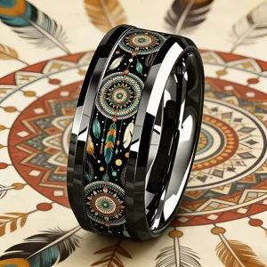 Anello in acciaio inossidabile nero con acchiappasogni e piume stile boho per uomo e donna