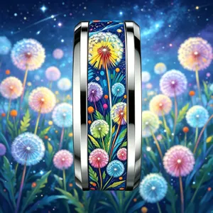Anello in acciaio inossidabile con motivo di tarassaco colorato, primo piano dettagliato del gioiello.
