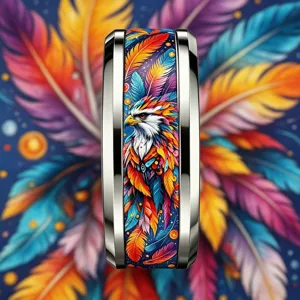 Primo piano dettagliato di un anello in acciaio inossidabile con stampa piuma d'aquila.