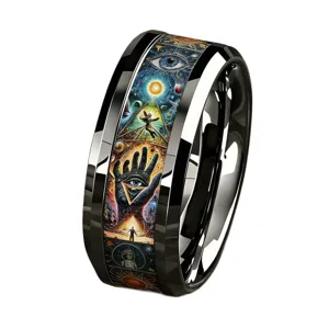 Anello in acciaio inossidabile con motivo cosmico mistico colorato, elegante fascia chic.
