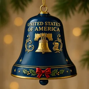 US 250th anniversary commemorative bell pendant, deep blue gold embossed holiday hanging ornament.