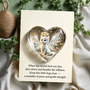 Acrylic heart pocket hug keepsake gift card with cute angel cat design for gifts.