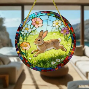 Akryl Tier runder haengender Sonnenfaenger Detail, bunter Kaninchen Fensterdekor innen, aussen.