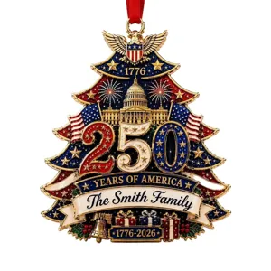 Adorno navideño conmemorativo del 250 aniversario de EE.UU. con apellido familiar personalizado.