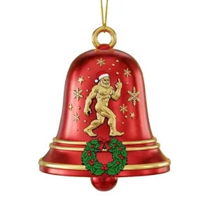 Detailed view of the red and gold Christmas bell ornament featuring a funny Bigfoot design.