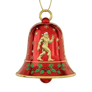 Christmas Bigfoot red hanging bell ornament, cute holiday tree decoration for festive party.