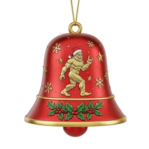 Detailed view of a red Christmas bell ornament featuring Bigfoot in Santa hat and holiday snowflakes.