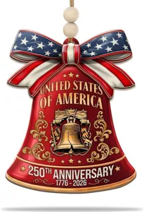 US 250th Anniversary hanging ornament, American flag bow and Liberty Bell design decor.