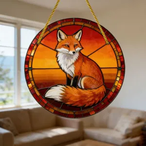 Nahaufnahme des runden Acryl Buntglas Fuchs Sonnenfängers, der mit Seil im Raum hängt.