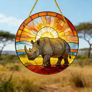 Acryl Buntglas Nashorn Sonnenfaenger, runder Haengeornament Fensterschmuck fuer Innen und Aussen.