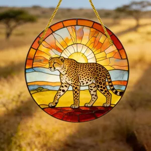 Atemberaubender runder Acryl-Gepard-Sonnenfänger Hängedekoration für drinnen und draußen.