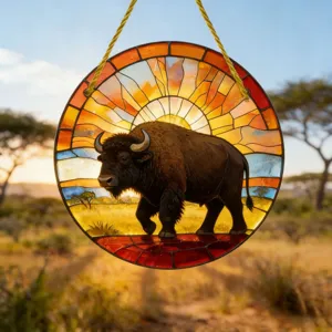 Acryl runder hängender Sonnenfänger mit Bison und Sonnenuntergang Design für Dekoration.