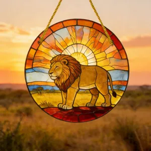 Buntglas Acryl Löwe Sonnenfänger runde Fensterbehang Dekoration für innen außen Garten.