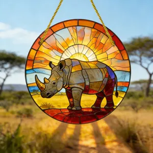 Acryl Tier runder hängender Sonnenfänger Detailansicht, Buntglas Stil Nashorn Dekoanhänger.