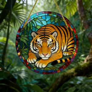 Nahaufnahme eines runden Acryl-Tiger-Sonnenfängers, der im üppigen Dschungel hängt.