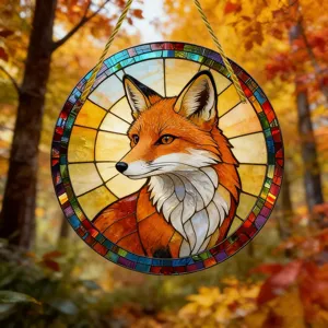 Acryl Fuchs Sonnenfänger Hängedekoration, rundes Glasmalerei Stil Kunstwerk für Innen und Aussen.