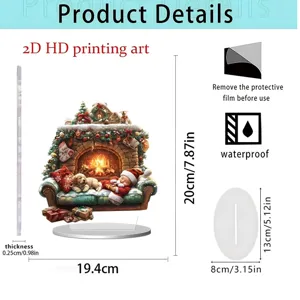 2D acrylic Christmas fireplace ornament with base, holiday home decor and desktop gift.