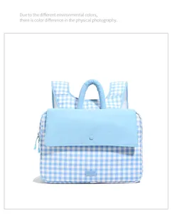 Blue and white gingham laptop backpack detail, featuring front flap pocket and top handle.
