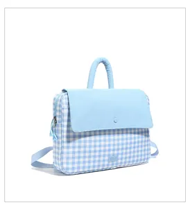 Blue and white plaid laptop backpack student school bag with front flap handle detail.