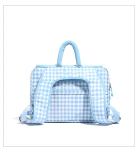 Blue and white gingham laptop backpack detail view, stylish student school book bag with top handle.