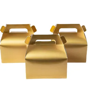 Cajas para pasteles doradas con asa para repostería, cupcakes y envases de postres.