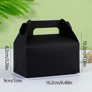 Vista detallada de la caja de papel negra para reposteria con dimensiones y asa portatil.