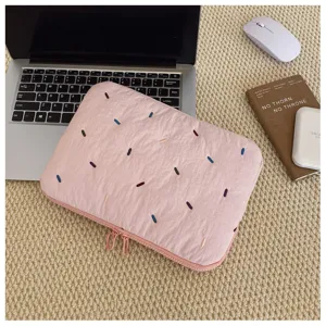 Pink quilted laptop sleeve with colorful embroidery, cute protective case for 13 14 15 inch.