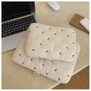 Quilted laptop sleeve cute embroidered ipad pouch aesthetic computer protective bag beige