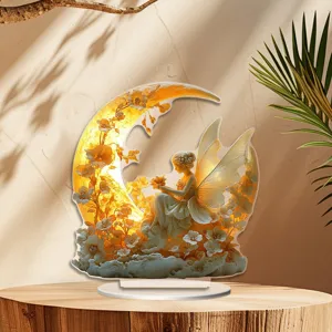 Acrylic LED angel fairy moon night light desktop home office decorative ornament gift piece