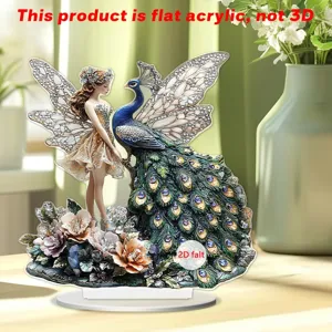 Flat acrylic fairy and peacock tabletop decorative ornament with flower base display stand