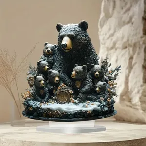 Exquisita escultura de familia de oso negro de resina, decoración naturalista para el hogar.