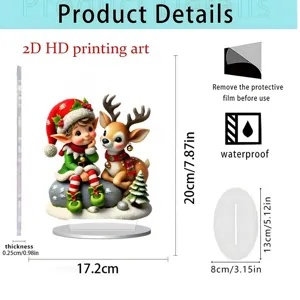 Christmas elf reindeer acrylic ornament detail view showing product dimensions and base features.