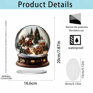 Detailed view of the 2D acrylic Christmas snow globe decoration with precise dimensions.