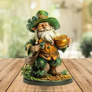 Vista detallada del soporte acrílico de duende verde con olla de oro, decoración.