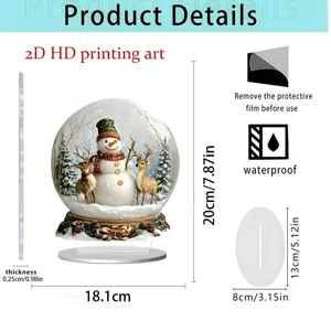Detailed dimension graphic of 2D acrylic Christmas snow globe decoration with snowman and deer.