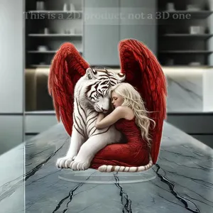 Vista detallada de soporte de acrilico con diseño fantastico de tigre blanco y mujer para decor.