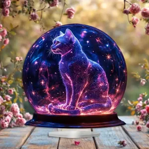 Exquisito adorno de luz nocturna de bola de cristal de gato galaxia para decoración de escritorio