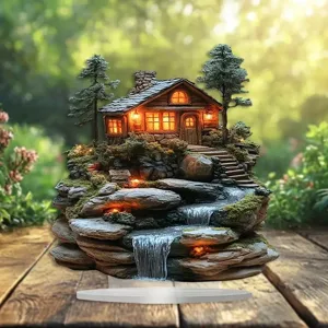 Adorno en miniatura de cascada de cabaña con luz LED cálida para decoración de escritorio