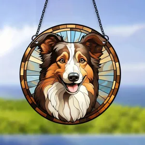 Detailed view of the round acrylic dog hanging ornament with colorful stained glass style.
