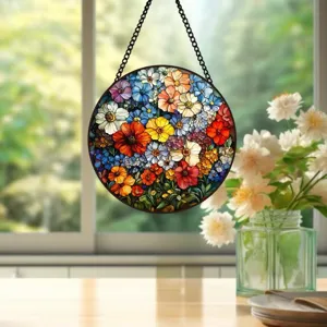 Stained glass floral suncatcher detail view, colorful circular hanging window decor panel.