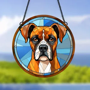 Acrylic Boxer dog stained glass style hanging window decoration round wall ornament with metal chain.