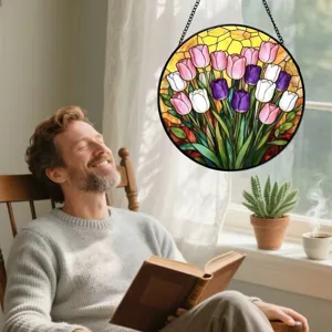 Stained glass tulip window hanging suncatcher, beautiful floral panel for home decor and living room.