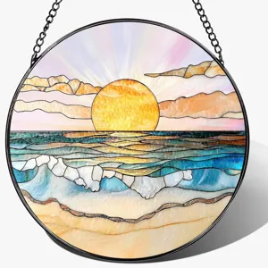 Round acrylic suncatcher sunset ocean wave hanging ornament for home and garden decor.