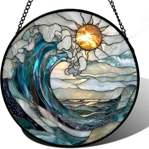 Close-up of circular stained acrylic ocean wave sun hanging decor with black chain.