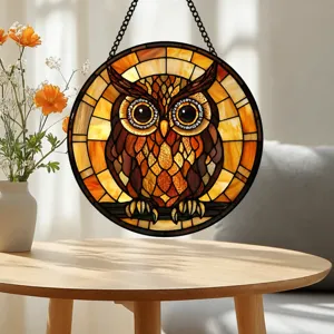 Stained glass owl window hanging suncatcher, beautiful colorful glass panel decoration for home decor.